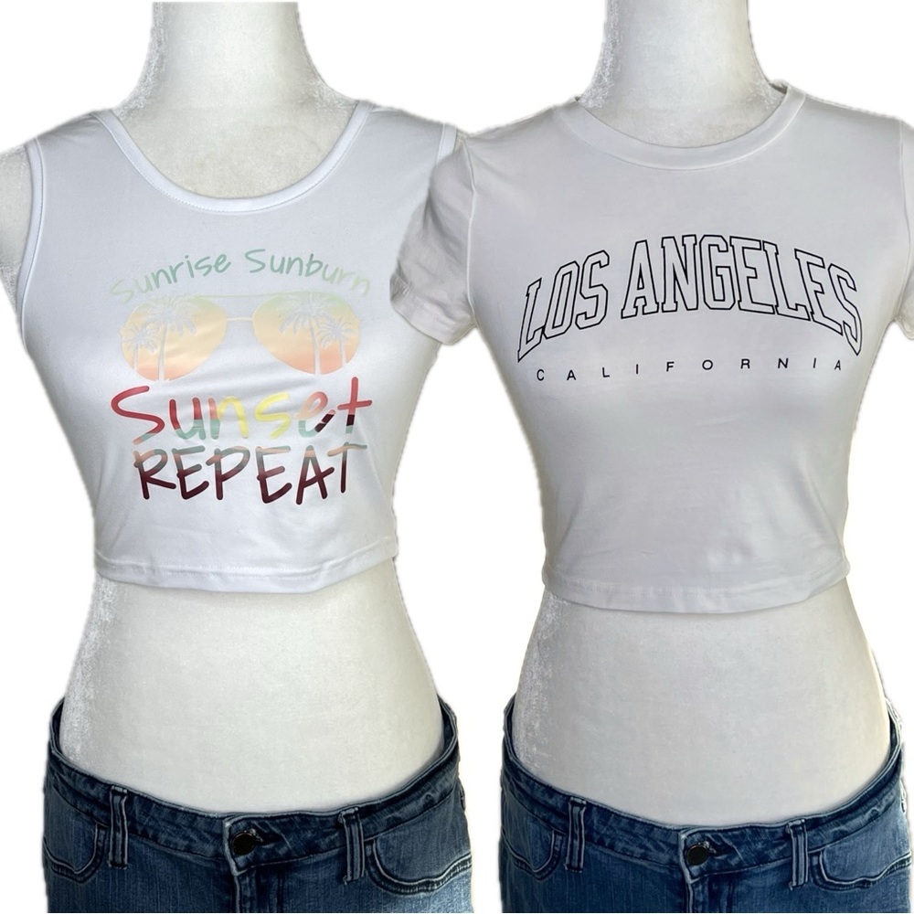 Y2K Crop Top Lot Los Angeles LA Tee Sunset Sunglasses Tank White Cropped Small S